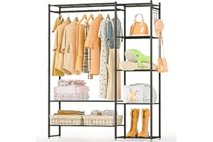 Neprock Portable Closet Rack for Hanging Clothes,Freestanding Closet Organizer System with Shelves,Metal Wardrobe Closet Grament Rack for Clothing Storage(BLack)