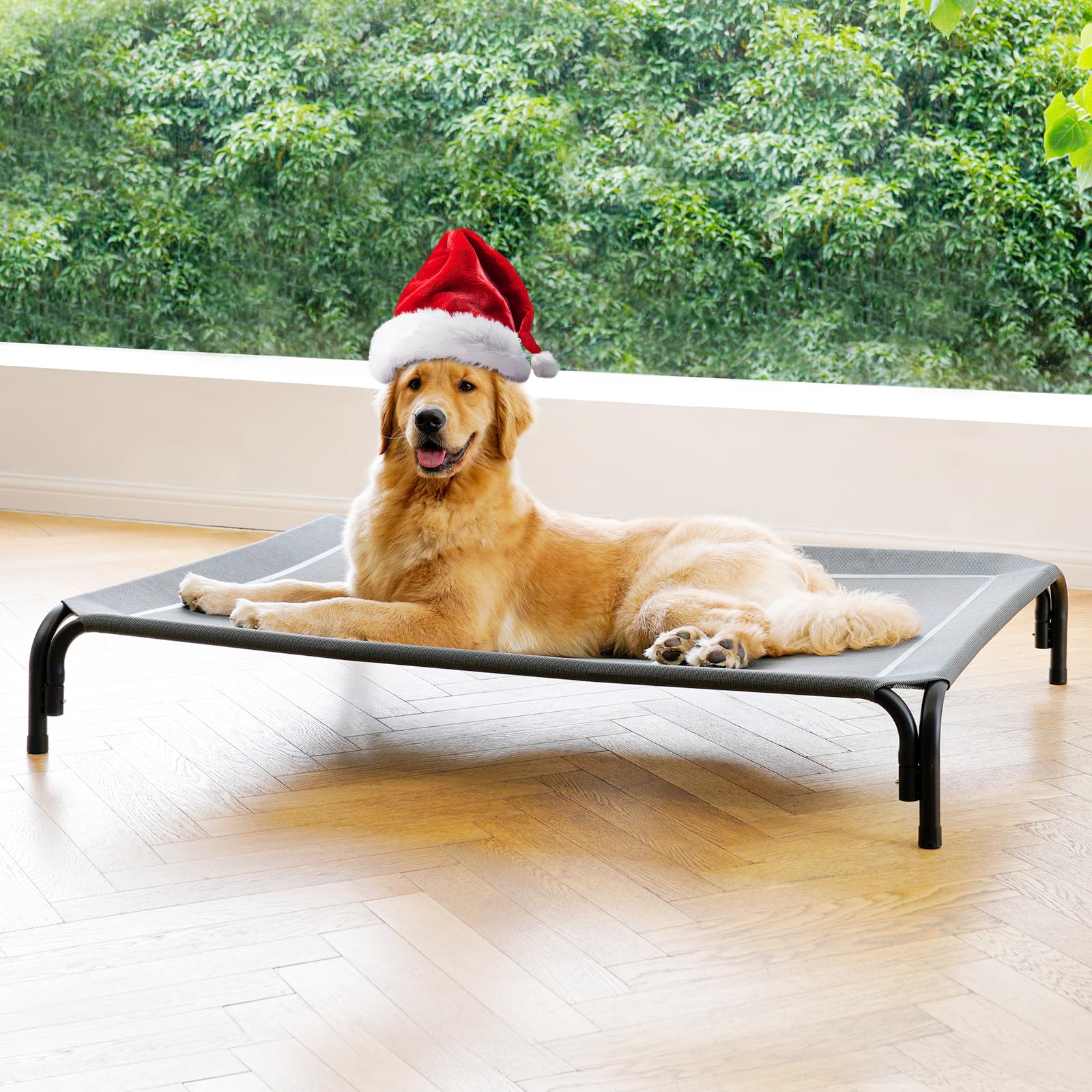 Photo 1 of Elevated Dog Bed Raised Outdoor Dog Cot for Large Dogs, Installation Requires No Tools, Frame with Washable Cooling Breathable Mesh Anti-Slip Feet, Indoor Pet Bed, Grey, 43.3 Inches
