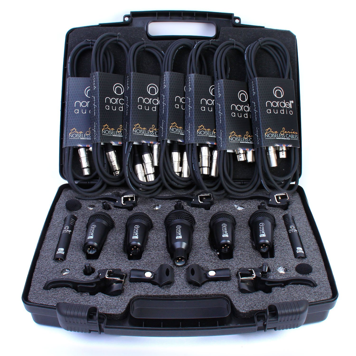 Nordell 7 Piece Drum Microphones Set - Includes 5 Rim Clips, 7 XLR 6m Cables and Case