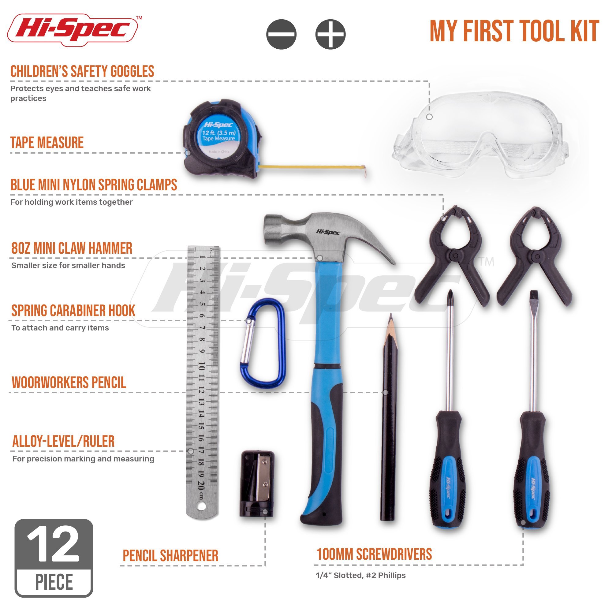 Hi-Spec 12 Piece Young Builder’s Tool Set & Tool Belt with REAL Hand Tools, Accessories, Eye Protection & Tool Pouch (Waists 27”+) for Home DIY, Carpentry and Woodworking Projects (Blue) - Great Gift