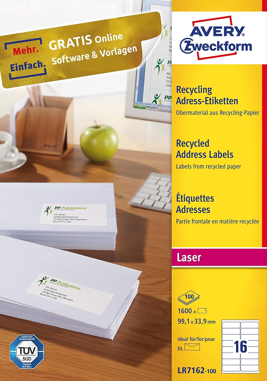 AVERY Zweckform LR7162-100 Labels 99.1 x 33.9 mm 1,600 Address Labels on 100 Sheets Self-Adhesive Printable Matte Paper 100% Recycled Paper Blue Angel Natural White - Image 4