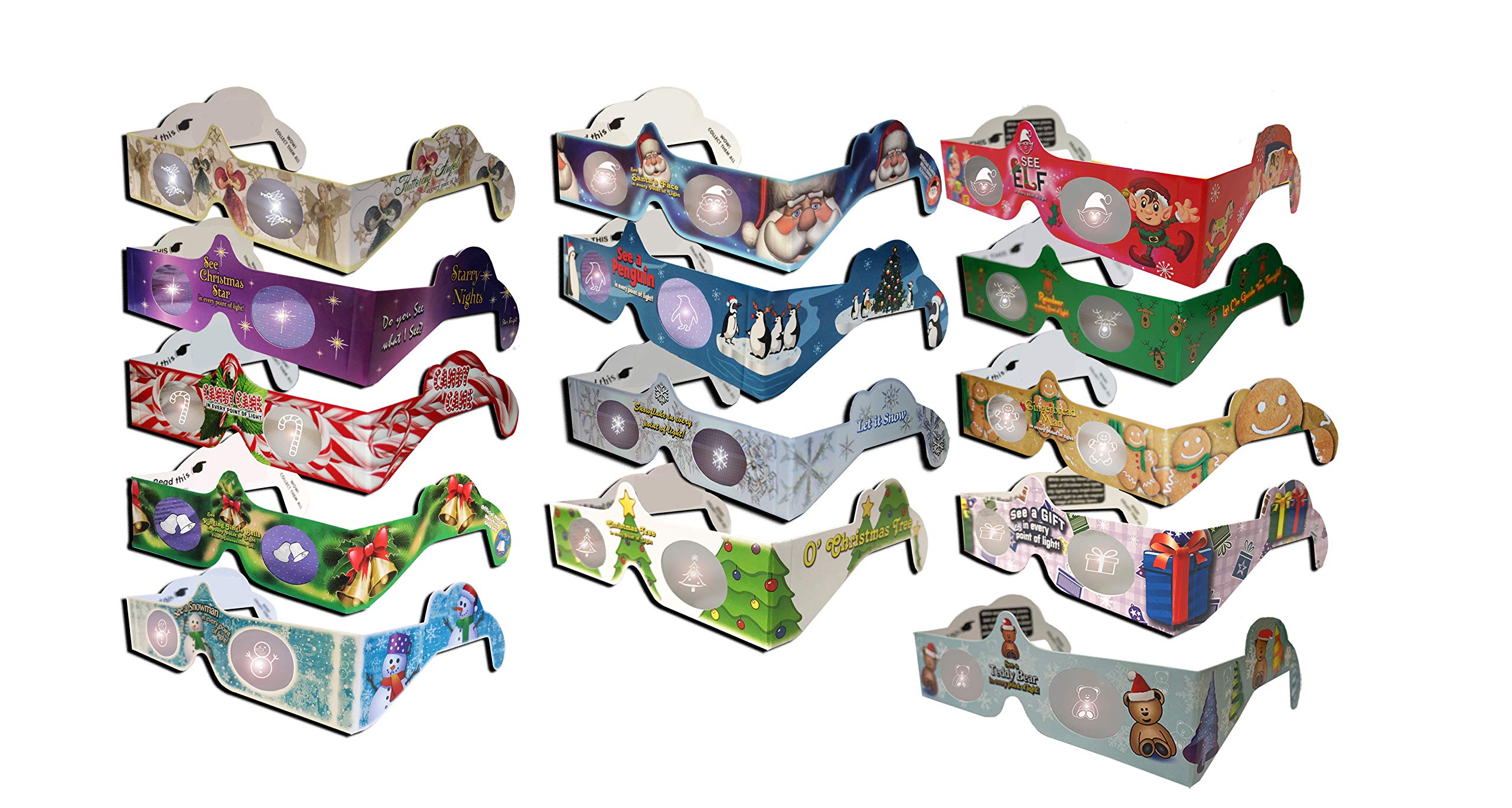 22 Pairs 3D Christmas and New Years Glasses - 13 Different Exclusive Styles - Each Folded in a Reusable Sleeve - 3Dstereo Holiday Eyes(TM)