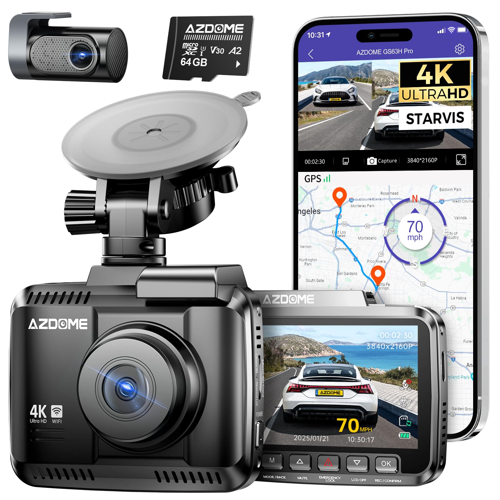 Photo 1 of AZDOME 4K Dash Cam Front and Rear, STARVIS Night Vision, UHD 2160P WiFi Dash Camera for Cars with GPS, Included 64GB Card, 2.4" IPS Screen Dashcam, 170°Wide Angle, WDR, 24H Parking Mode (GS63H Pro)