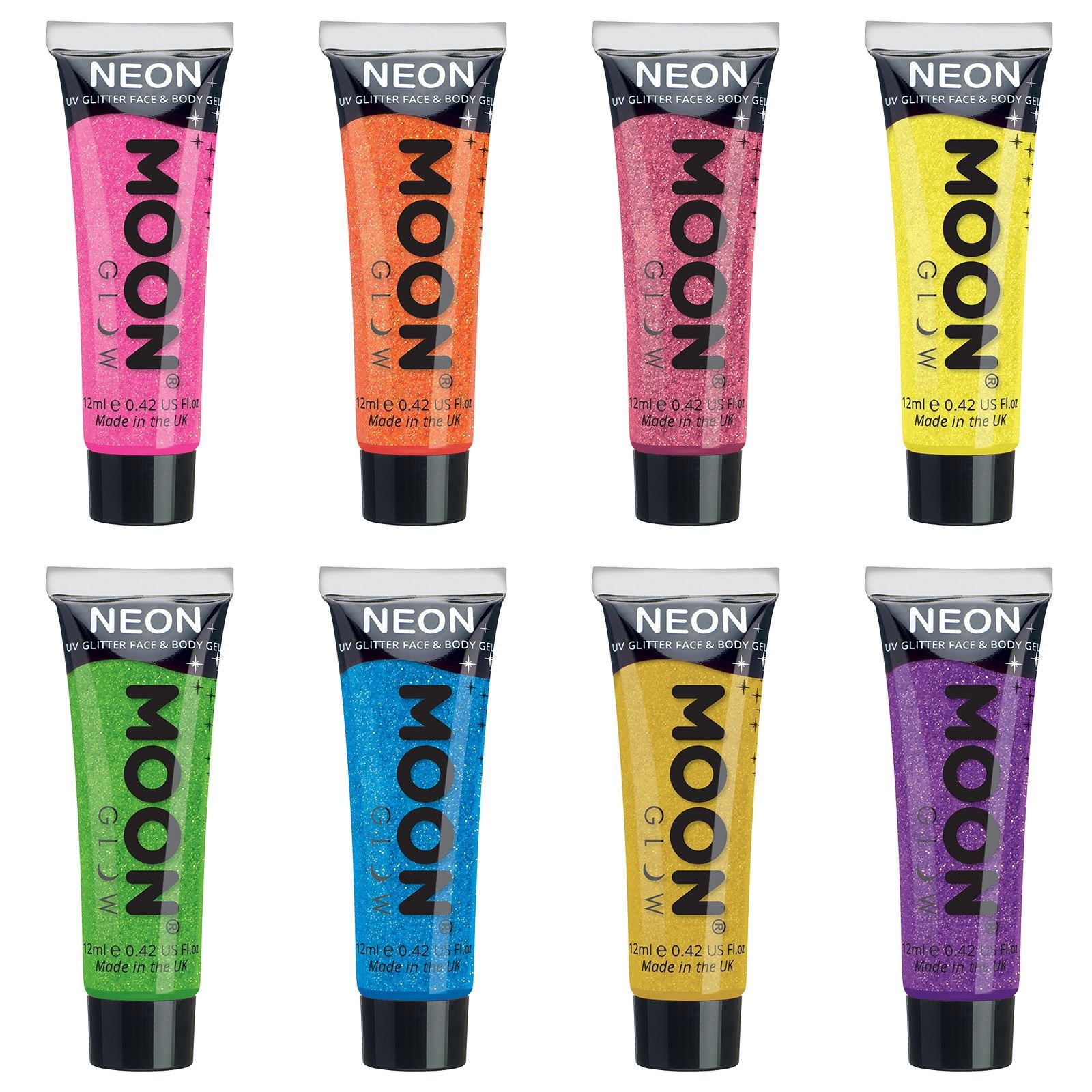 Moon Glow Neon UV Glitter Face & Body Gel - Choose from 6 colours - Glows brightly under UV! (Set of 8)