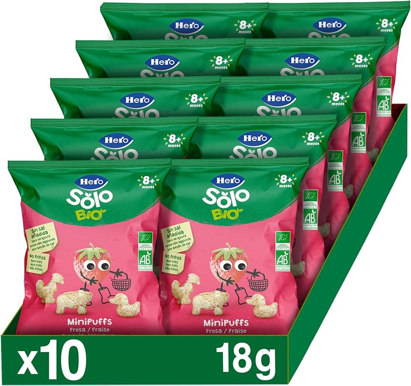 Hero Solo Bio Minipuff Snacks de Fresa Bebé Desde 8 Meses, 10 x 18 g