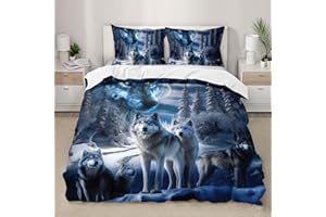 AILONEN Snow Wolf Bedding Queen Duvet Cover Set, 3D Night Galaxy Starry Wolf Comforter Cover Set, Wild Animals Themed Quilt Cover and 2 Pillowcases for Boys Adults, 3 Pieces