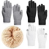 Janmercy 3 Pairs Winter Fleece Lined Gloves for Women Touch Screen Knit Stretchy Warm Lined Gloves for Cold Weather