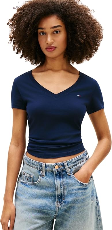 Damen 3er Pack T-Shirts Kurzarm V-Neck aus Baumwolle, Mehrfarbig (Black/Ecru/Dark Night Navy), M
