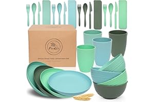 FOODLE Wheat Straw Dinnerware Sets for 4 - Lightweight & Unbreakable Dishes - Microwave & Dishwasher Safe - Perfect for Camping, Picnic, RV, Dorm - Plates, Cups and Bowls - Great for Kids & Adults