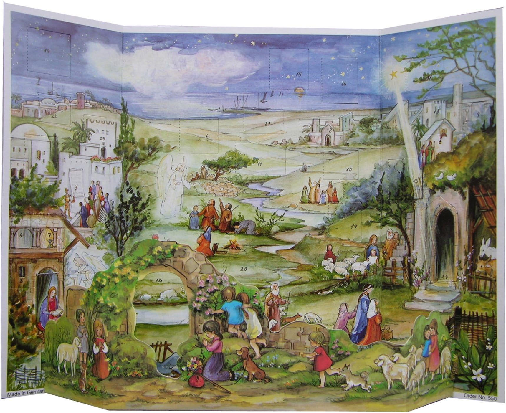 Large Two Part Free Standing Advent Calendar 24 Doors 370 x 265 mm - Nativity pop up - with Glitter and Translucent Windows - RS 550 - Traditional Antique German Design