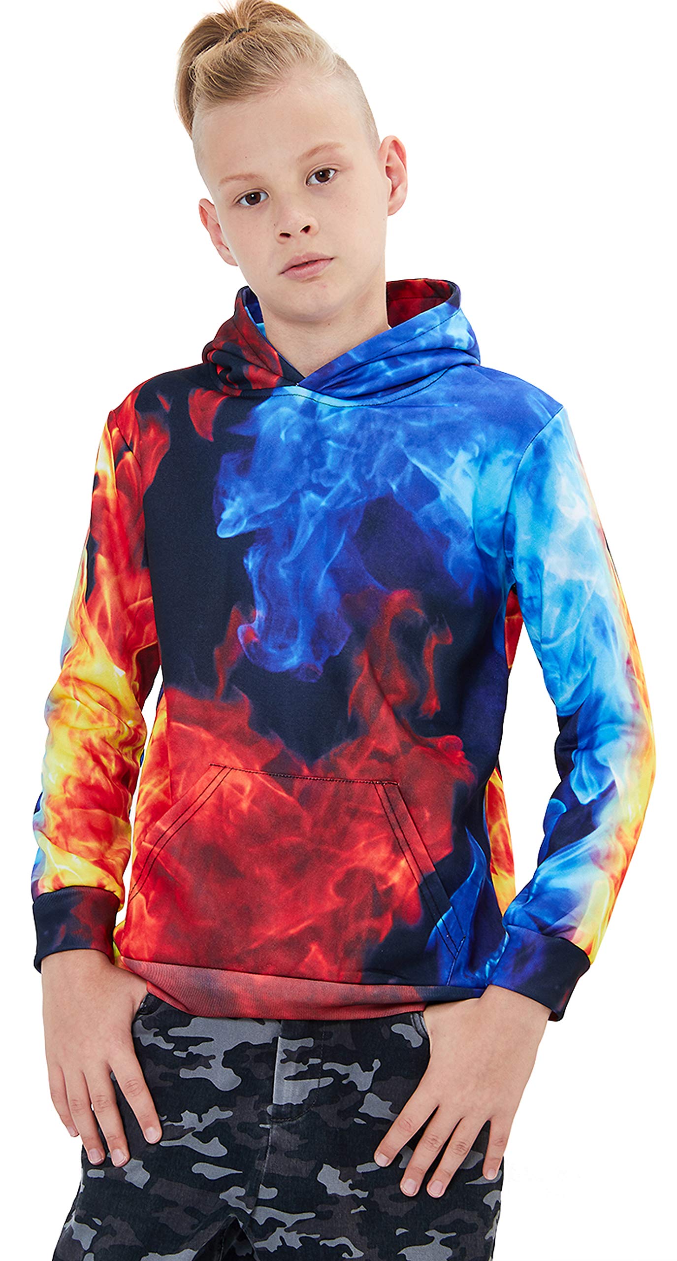 Boys Sports Sweatshirt Girls Comfy Hoodies for School Fashion 3D Printed Pullover Fire and Ice Pattern Sweater Warm Lining Jackets Outfits with Pocket for 8-10 Years