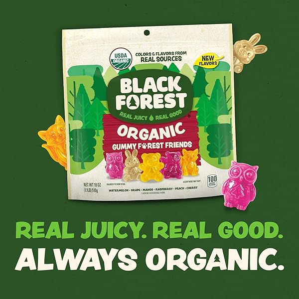 BLACK FOREST ORGANIC GUMMY FOREST FRIENDS CANDY, MADE WITH REAL FRUIT JUICE, COLORS AND FLAVORS FROM NATURAL SOURCES, GLUTEN FREE AND FAT FREE, 18OZ RESEALABLE BAG