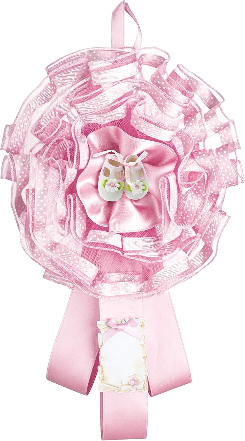 Tulle Birth Rosette Decorated with Polka Dot Ribbon, Satin Ribbon
