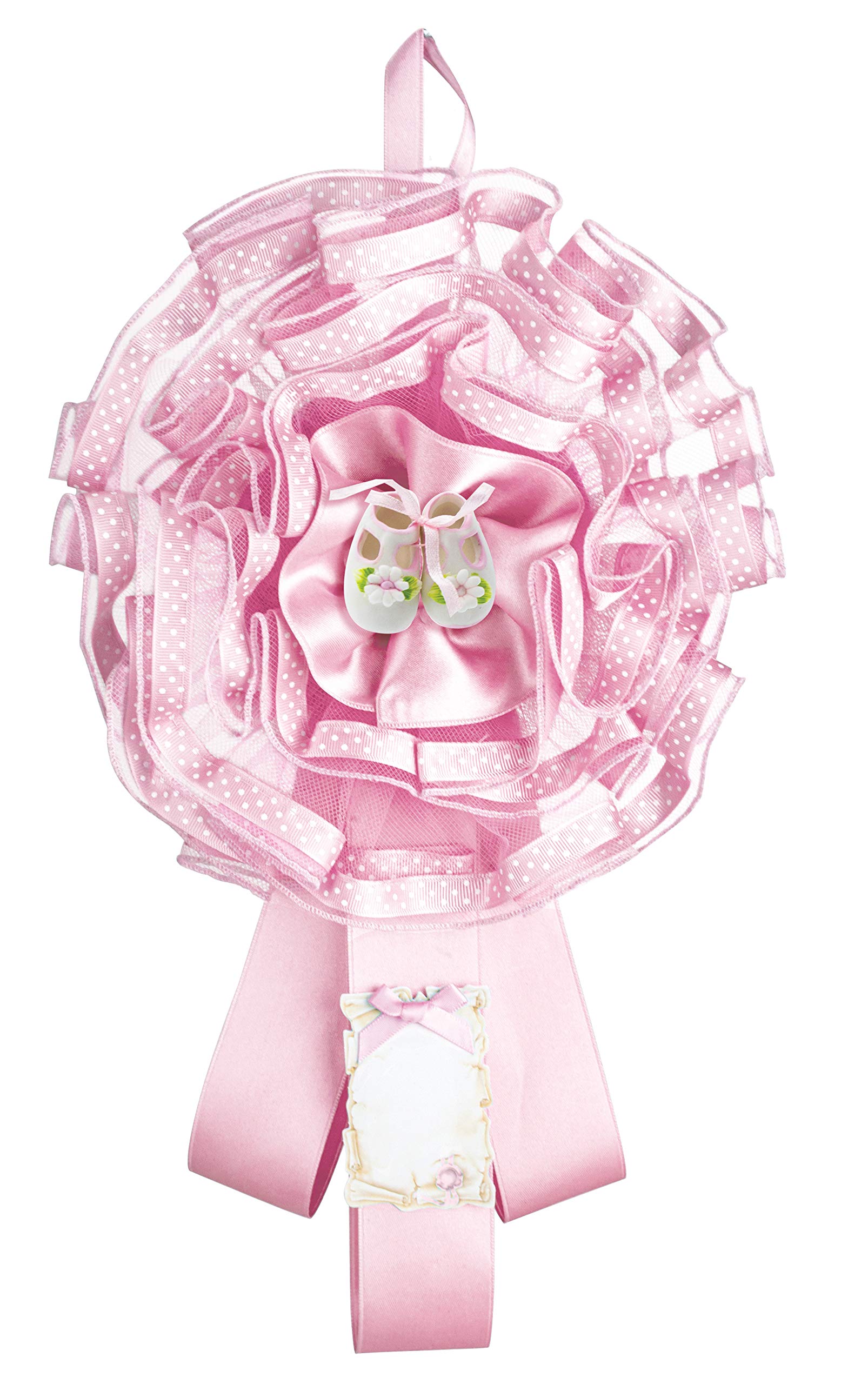 Tulle Birth Rosette Decorated with Polka Dot Ribbon, Satin Ribbon, Resin Decoration and Parchment Card for Name and Date Writing Pink Shoes
