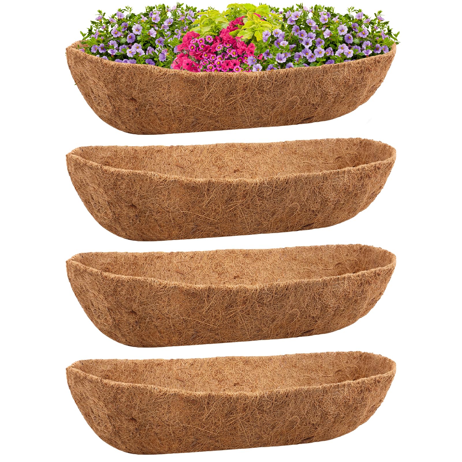 Riare 4Pcs Trough Coco Coir Liners 30Inch Coconut Coir Hanging Basket Liner for Planters Natural Coco Fiber Window Box Liners for Wall Planter, Window Basket Deck Railing Planter (4, 30inch)