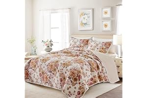 Floral Quilt Set Queen Size 88x88 with Cream White Beige Flower Soft Microfiber Lightweight Coverlet Bedspread Reversible Sum
