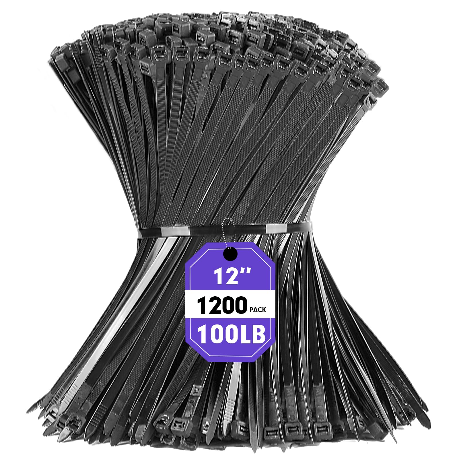 Zip Ties, RAZCC 1200pcs Black Cable Zip Ties 12 Inch, Heavy Duty Plastic Wire Ties with 100lb Tensile Strength, Self-Locking Black Nylon Tie Wraps for Indoor and Outdoor Image
