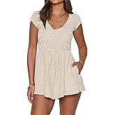 Chunersha Summer Gingham Romper for Women 2025 Dressy Casual Preppy Boho Beach Vacation Short Plaid Smocked Jumpsuit Apricot
