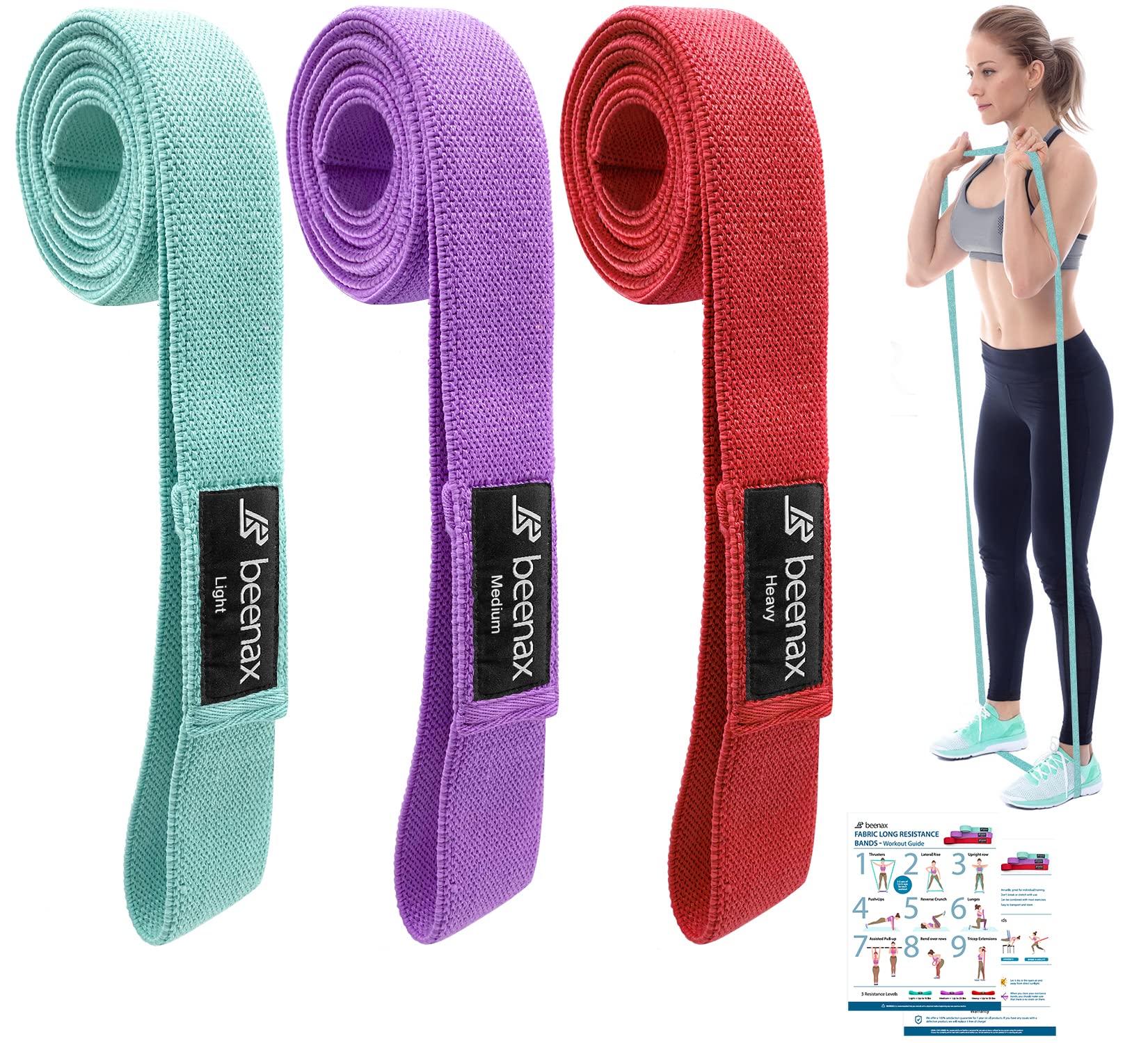 Beenax Fabric Resistance Bands (Set of 3), Long Exercise Bands for Women Men, Loop Bands, 3 Resistance Levels for Workout, Fitness, Stretching, Pull Up, Leg, Glutes, Squat and Strength Training