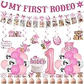 My First Rodeo Decorations Girl - 48 Pcs 1st Rodeo Birthday Party Banners Hanging Swirls Cake Toppers Balloons Decor Supplies for Girls One Year Old Western Theme Cowgirl Decoration