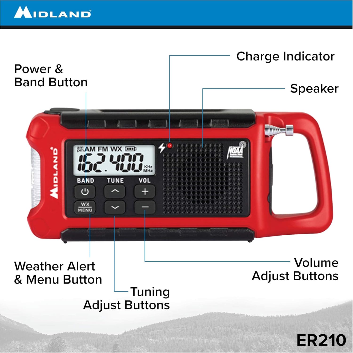 Midland - ER210, Emergency Compact Crank Weather AM/FM Radio - Multiple Power Sources, SOS Emergency Flashlight, NOAA Weather Scan + Alert, & Smartphone/Tablet Charger (Red/Black): Home Audio & Theater