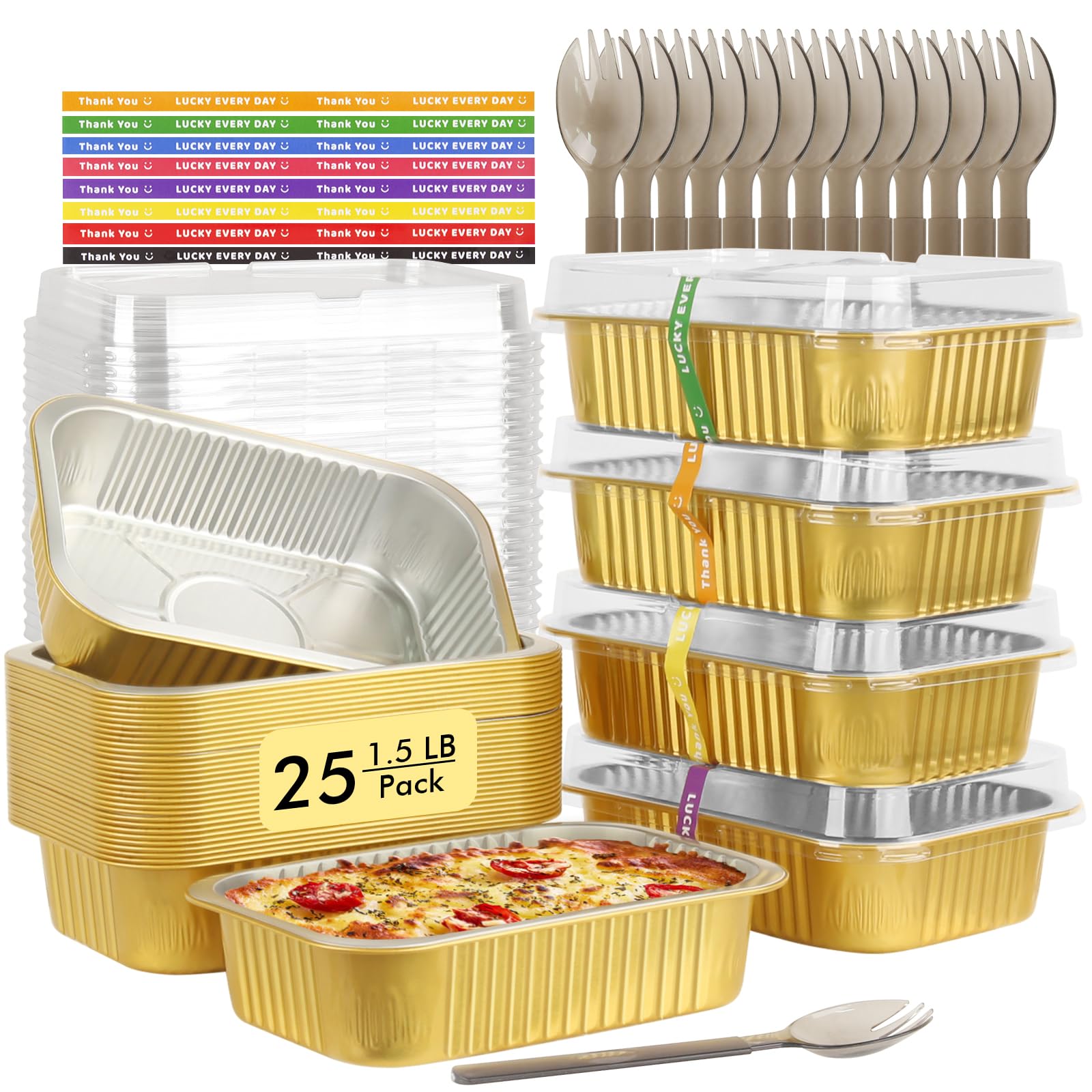 Photo 1 of LNYZQUS 1.5lb Small Foil Pans with Lids 25 Pack, 7” x 5” Individual Baking Tins Leftover Containers,24oz Aluminum To Go Baked Food Containers Large Loaf Cake Pans Take Out Holders-Gold
