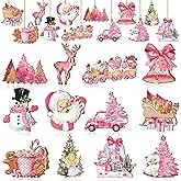 Huwena 36 Pcs Pink Ornaments for Christmas Tree Vintage Wooden Christmas Hanging Ornaments Rustic Xmas Tree Decoration for Festival Party(Cute Style)