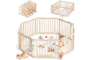 BLUEWOOD Foldable Wooden Playpen - Adjustable Wood Baby Play Yard with Child-Proof Lock, Indoor Large Safety Fence for Babies and Toddlers - Easy Assembly, 8 Panels, Nature Nest