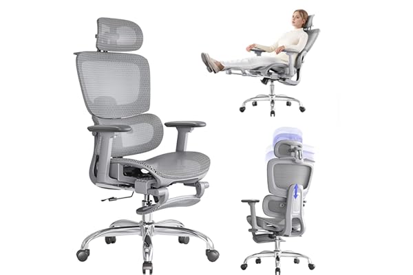 LarkLeaves Cadeira de Escritório com Descanso para os Pés, Cadeira Ergonômica com Encosto de Cabeça 3D, Cadeira Gamer com Encosto Ajustável e Apoio de Braço 3D, Cadeira Presidente, Cadeira Mesh, Cinza