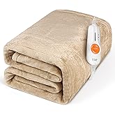 Gintao Electric Heated Blanket Throw,Double Flannel Electric Throw with 3 Heating Levels, 4H Auto Off Overheat Protection Heating Blanket for Home Office,Detachable Hat&Snap Button,Gift,50"x60",Beige