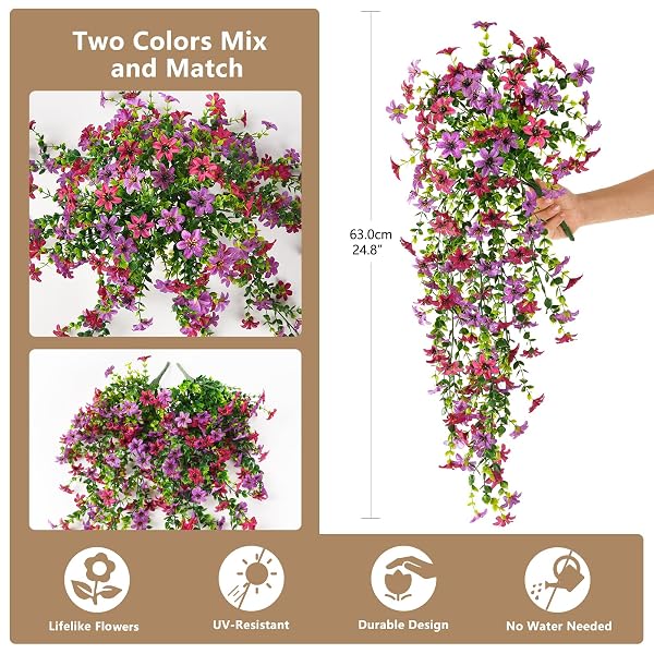 ARTIFICIAL HANGING FLOWERS FOR OUTDOORS, 2 PCS FAKE HANGING PLANT SPRING SUMMER DECOR, UV RESISTANT NO FADE REALISTIC FAUX FLOWER FOR FRONT DOOR PORCH PLANTER PATIO GARDEN YARD(LIGHT PURPLE RED)