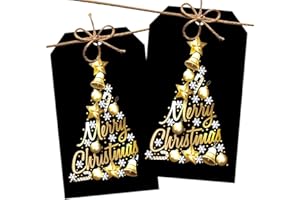 Black Gold Merry Christmas Gift Labels with String, 2x3.5 Inches Black Christmas Tree Gift Tags, 50PCS Xmas Presents Paper Ha