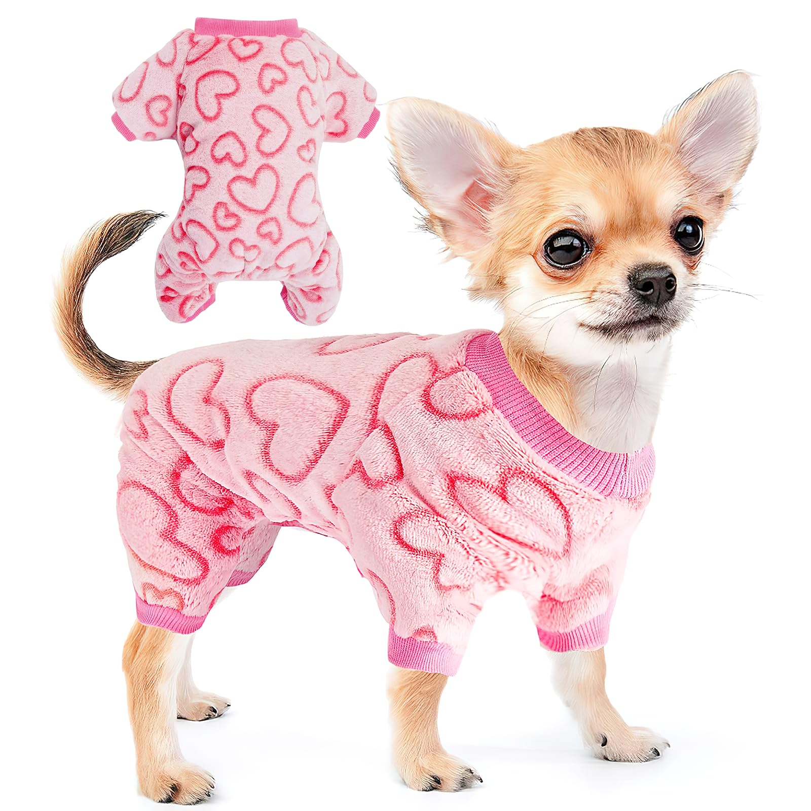 Dog Fleece Jumper Heart Dog Pyjamas Pink Dogs Jumpers Small Dogs Coat Clothes Warm Puppy Pyjamas Soft Puppy Pjs Onesie Pet Outfit for Chihuahua Dachshund Daily Spring/XXS