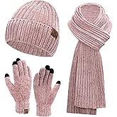 Womens Winter Knit Warm Hat Beanie Long Scarf Touch Screen Gloves Set Skull Caps Neck Scarves for Women