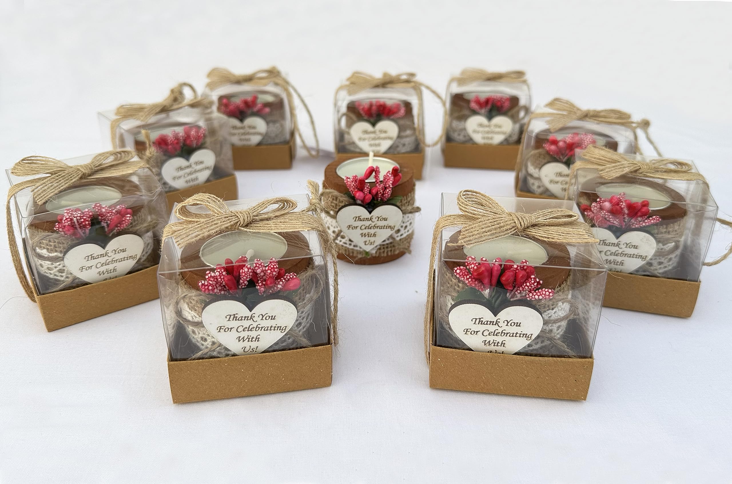 wedding favor, Pack of 10 Wood Tealight Candle Holder, Bridal Shower, Thank You Gifts, Wedding Party Favors for Guests, Wooden Cylinder Candle Holders for Table Centerpiece (DARK BROWN- RED FLOWERS)