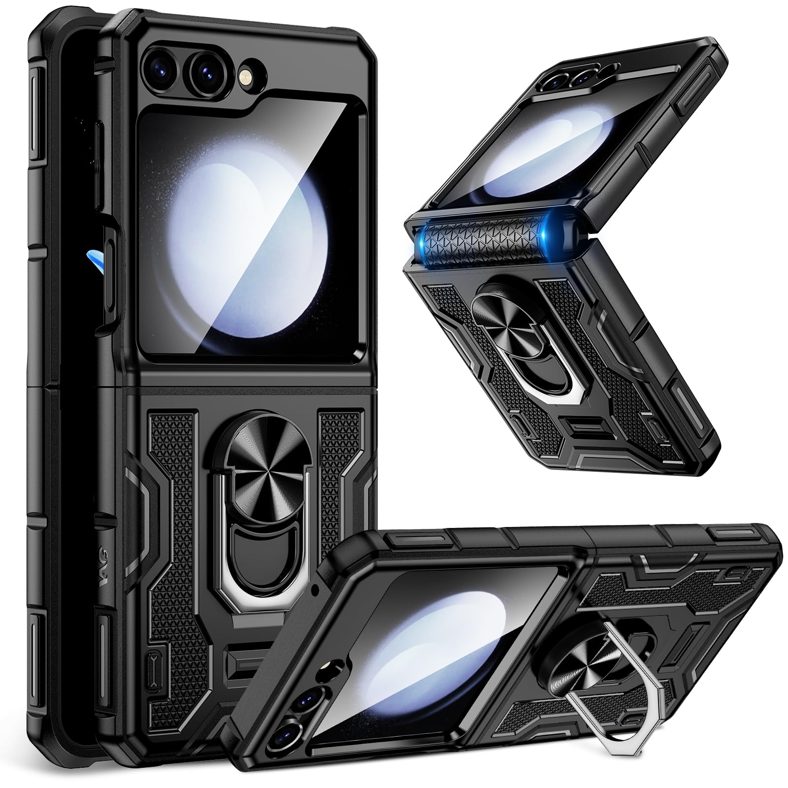 Caka for Samsung Galaxy Z Flip 5 Case with Screen Protector & Hinge Protection & 360 Rotate Ring Stand, Full Body Protective Case for Samsung Galaxy Z Flip 5 2023 - Black