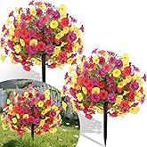 2 Bundles Artificial Flowers for Outdoors with Ground Spikes,21.65 Inch Morning Glory Eucalyptus Topiary Ball Trees, UV Resistant Faux Shrubs Fake Plants for Porch Outdoor Garden Decor (Muti-Color)