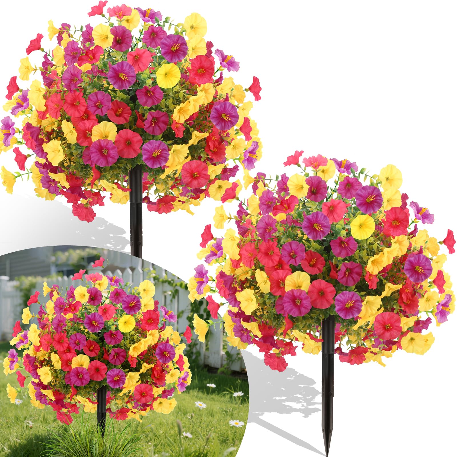 Photo 1 of 2 Bundles Artificial Flowers for Outdoors with Ground Spikes,21.65 Inch Morning Glory Eucalyptus Topiary Ball Trees, UV Resistant Faux Shrubs Fake Plants for Porch Outdoor Garden Decor (Muti-Color)