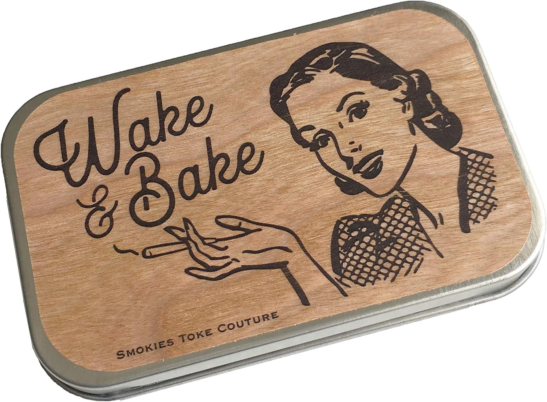 Stash tin, wood, weed tin, stash box, cigarette case, WAKE & BAKE