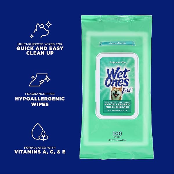 WET ONES FOR PETS HYPOALLERGENIC MULTI-PURPOSE DOG WIPES WITH VITAMINS A, C & E | NO FRAGRANCE HYPOALLERGENIC DOG WIPES FOR ALL DOGS WIPES MULTIPURPOSE | 100 COUNT POUCH DOG WIPES