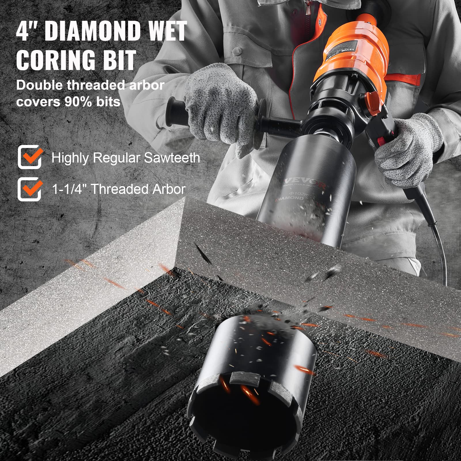 VEVOR Diamond Core Drilling Machine, 4in Handheld Wet Concrete Core Drill Rig, 1100-2400RPM Two Speed & 1-1/4