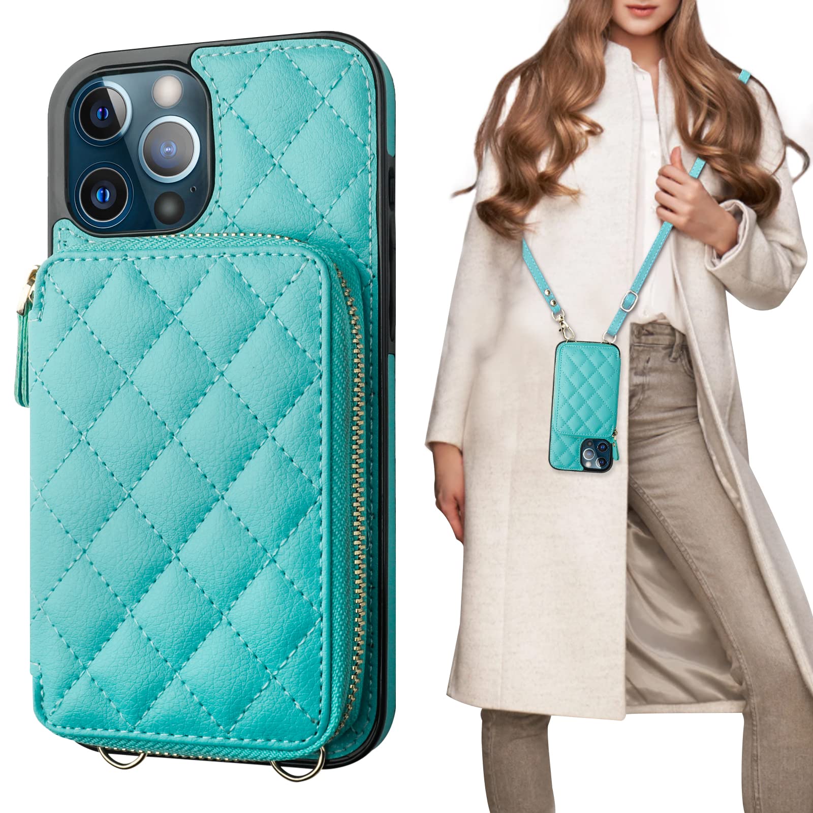 Bocasal Crossbody Wallet Case for iPhone 12 Pro Max, RFID Blocking PU Leather Zipper Handbag Purse Flip Cover, Kickstand Folio Case with Card Slots Holder Wrist Strap Lanyard 5G 6.7 Inch (Mint Green)