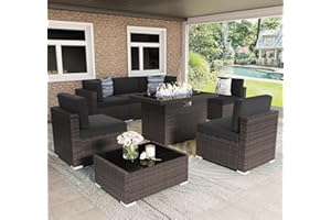 Vakollia 8 Pieces Patio Furniture Set with 44" Propane Gas Fire Pit Table, Outdoor Sectional Brown Rattan Wicker Conversation Sofa Sets with Coffee Table