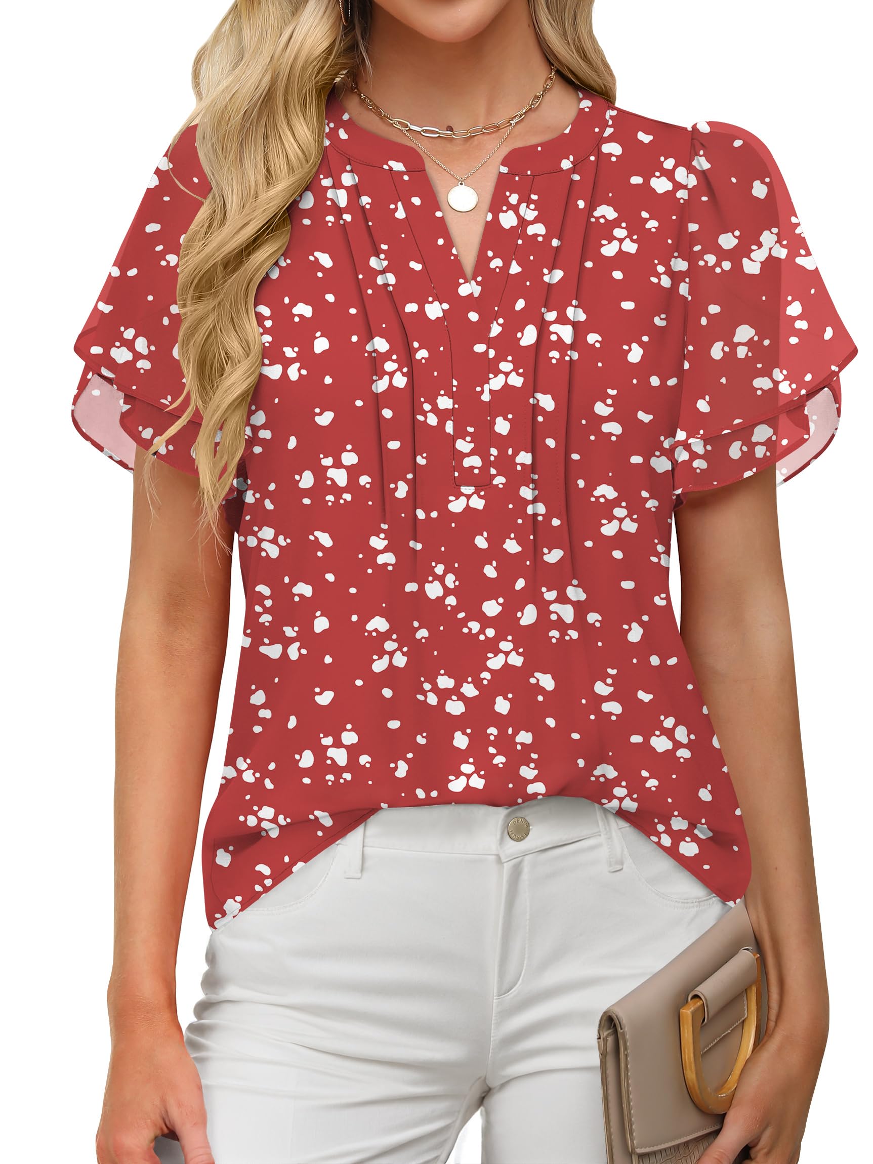 ANRABESS Womens Dressy Chiffon Blouses V Neck Petal Short Sleeve Shirts ...