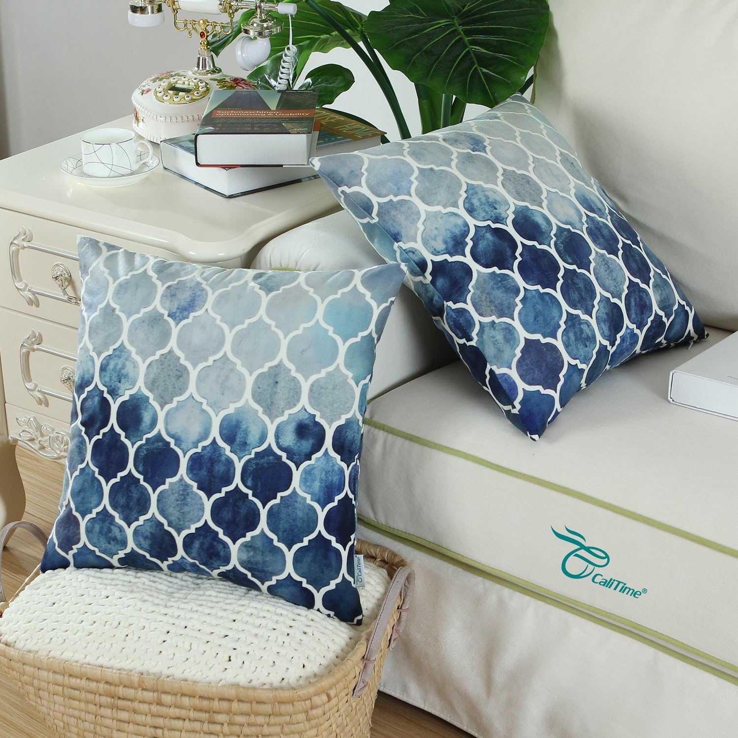 CaliTime Pack of 2 Cozy Throw Pillow Cases Covers for Couch Bed Sofa Manual Hand Painted Colorful Geometric Trellis Chain Print 50cm x 50cm Main Grey Navy Blue - Image 5