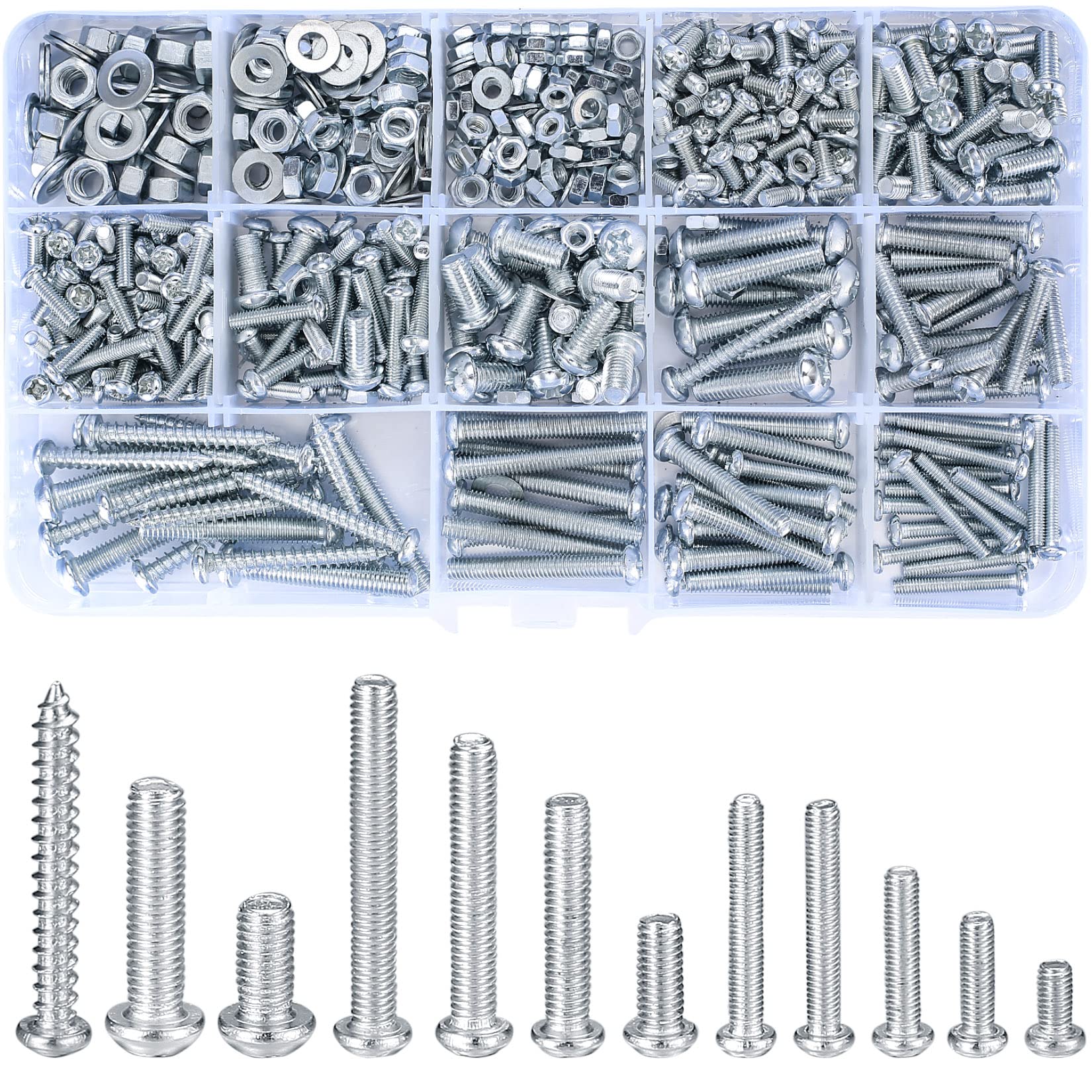 Vwoqiy 550 Pcs Round Cross Pan Head Screws Nuts Flat Washers Assortment Kit, M3 M4 M5 Machine Screws Bolts and Nuts Sets, with Storage Box, 12 Size (silvery 550)