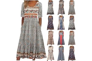 TAPANET Boho Dresses for Women 2024 Plus Size Dress Floral Bohemian Dresses Midi Dress Summer Casual Sundresses with Pockets
