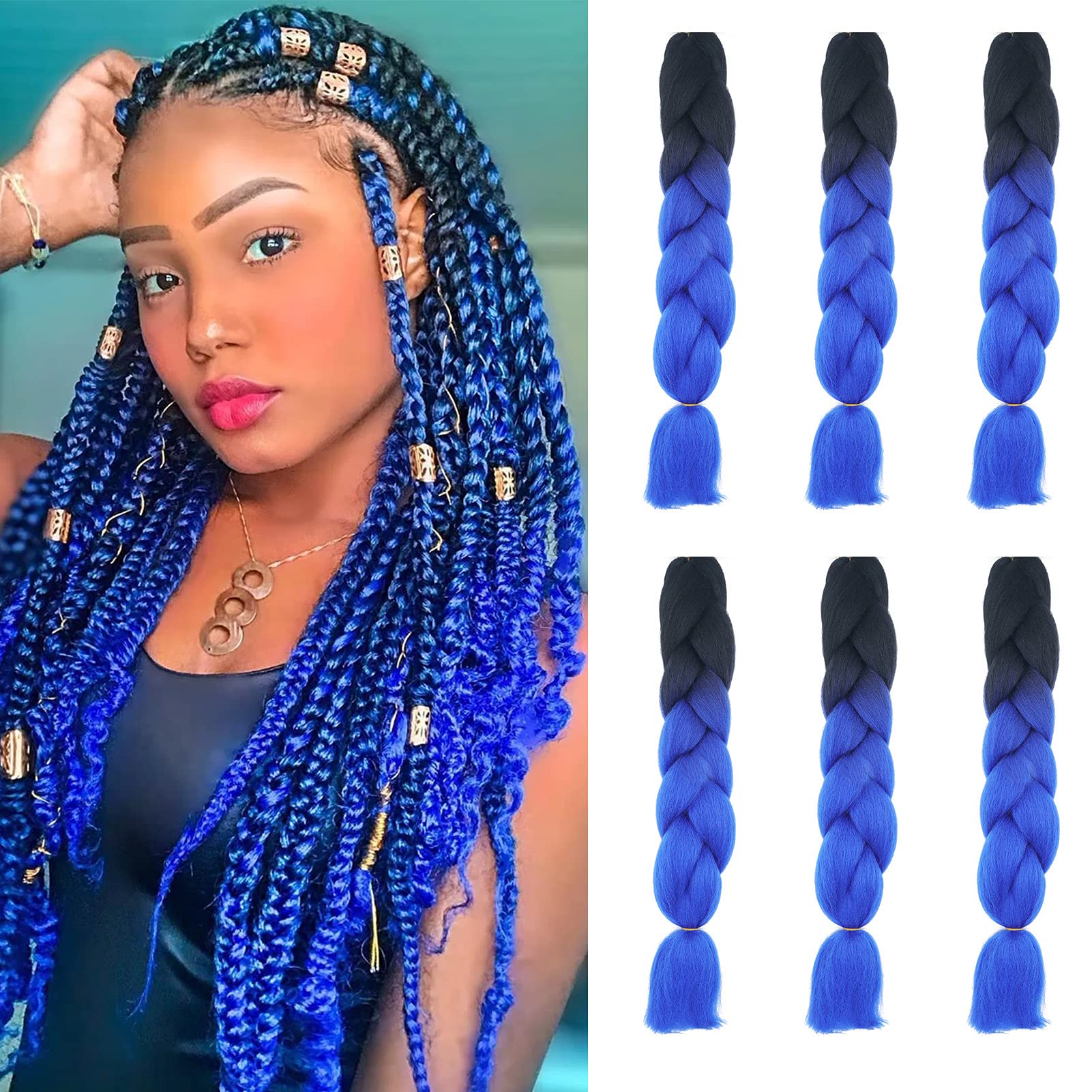 Cybelleza 6 Pcs /600g 24" Braiding Hair Extensions Jumbo Braids Synthetic Crochet Hair Afro Box Braid Heat Resistent (Black&Sapphire)