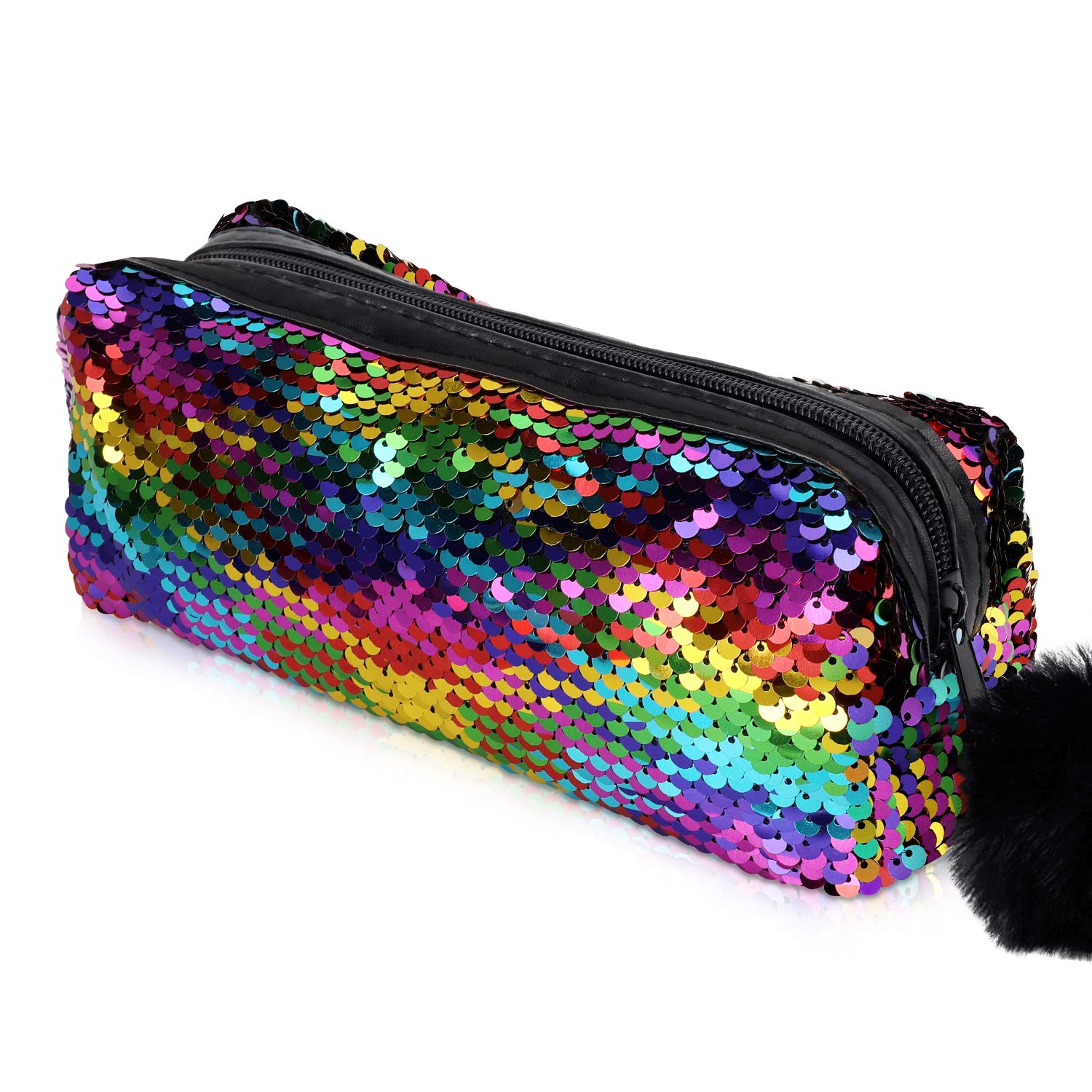 PHOGARY Mermaid Sequins Pencil Case for Girls, Secondary School Pencil Bags with Fluffy Zipper, Pencil Pouch Holographic Pen Case Organizer for Students, Women Glitter Makeup Pouch (Rainbow)