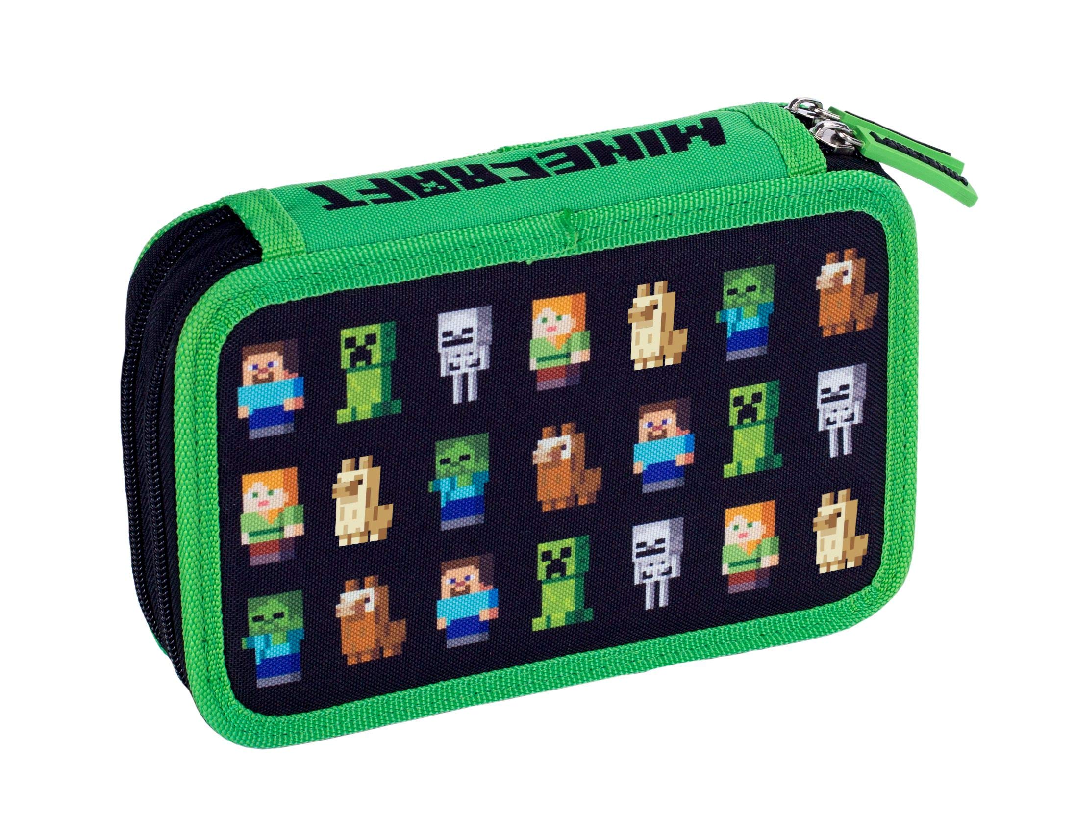 Single Pencil Case Without Equipment, 2 Flaps MINECRAFT, Black/Green, Standard Size, Video Game Design
